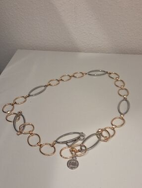 Steve Madden Two-Tone Gold and Silver Link Waist Belt with Coin Charm